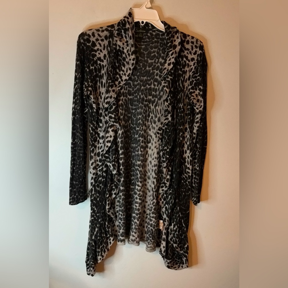 Cartise Open Cardigan Sweater Animal Print Grey Black Ruffled Edges Pockets Sz S